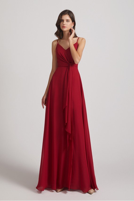 Spaghetti Straps V-Neck Waist-Tie Chiffon Bridesmaid Dress UK