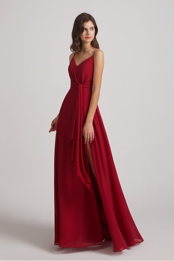 Spaghetti Straps V-Neck Waist-Tie Chiffon Bridesmaid Dress UK