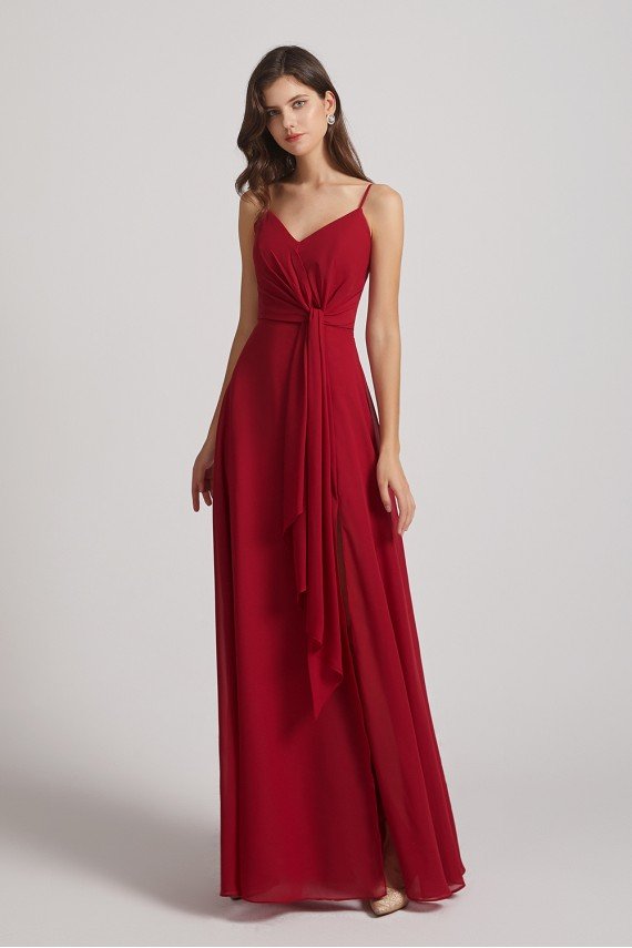 Spaghetti Straps V-Neck Waist-Tie Chiffon Bridesmaid Dress UK