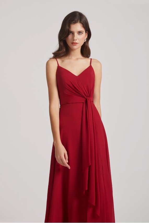 Spaghetti Straps V-Neck Waist-Tie Chiffon Bridesmaid Dress UK