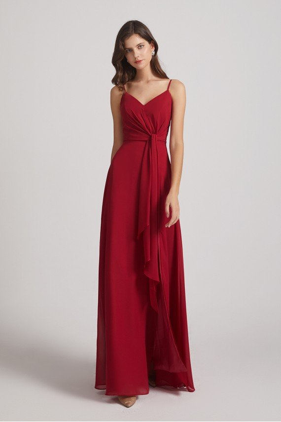 Spaghetti Straps V-Neck Waist-Tie Chiffon Bridesmaid Dress UK
