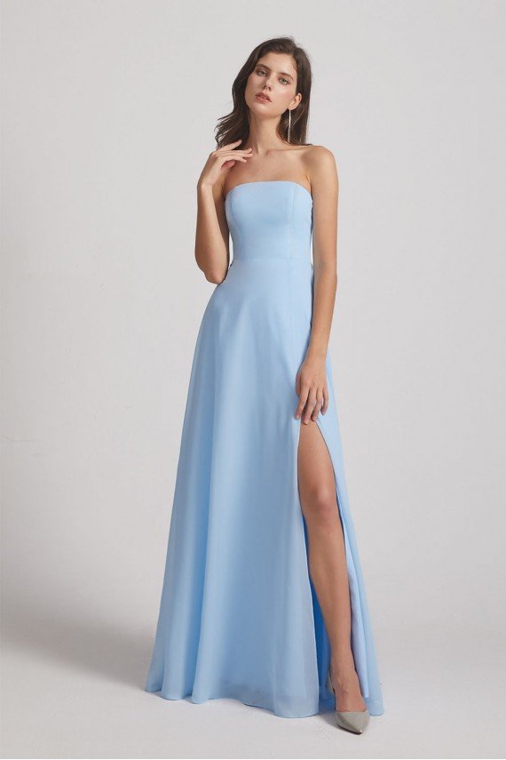 Strapless Chiffon Ruched Split Long Blue Bridesmaid Dress UK