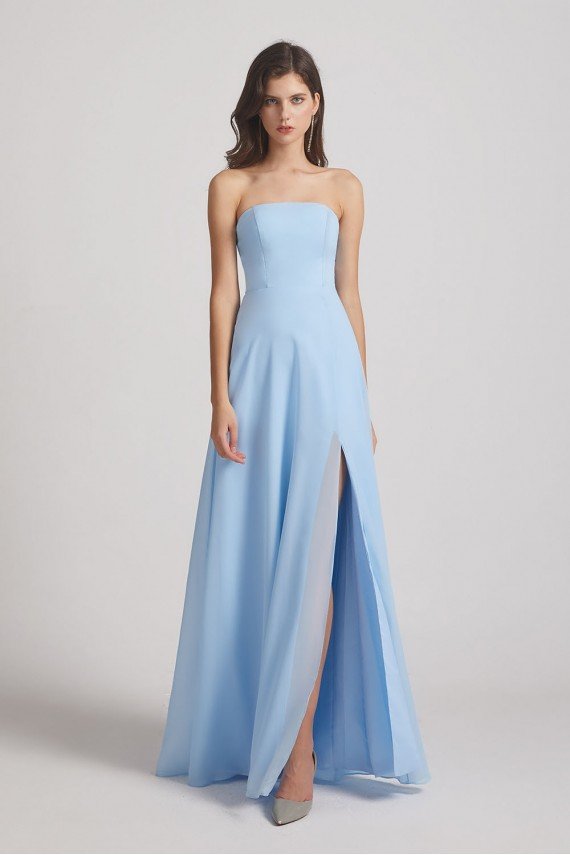 Strapless Chiffon Ruched Split Long Blue Bridesmaid Dress UK