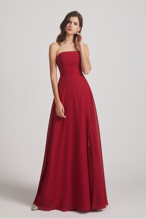 Strapless Chiffon Ruched Slit Long Bridesmaid Dress UK