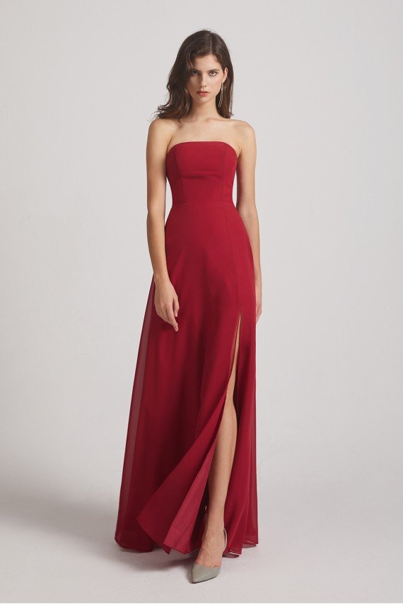 Strapless Chiffon Ruched Slit Long Bridesmaid Dress UK