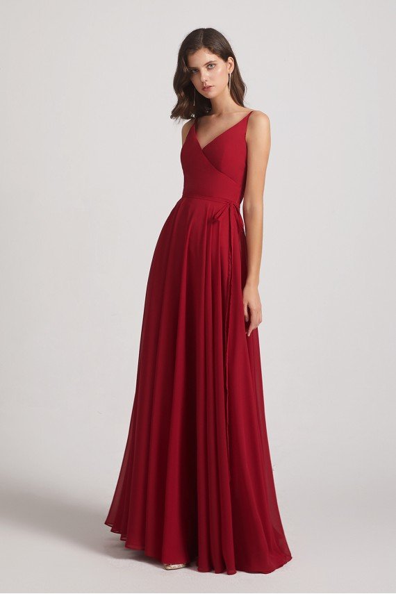 Pleated A-Line Spaghetti Straps V-Neck Chiffon Bridesmaid Dress UK