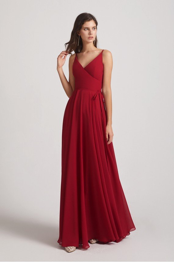 Pleated A-Line Spaghetti Straps V-Neck Chiffon Bridesmaid Dress UK