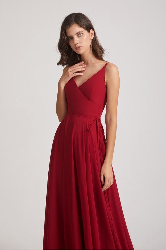 Pleated A-Line Spaghetti Straps V-Neck Chiffon Bridesmaid Dress UK