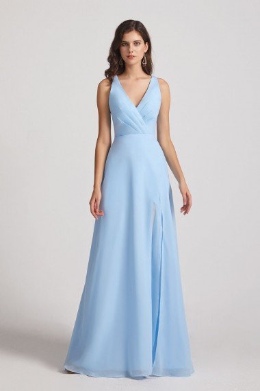 V-Neck Pleated Chiffon A-Line Blue Split Long Bridesmaid Dress UK