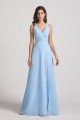 V-Neck Pleated Chiffon A-Line Blue Split Long Bridesmaid Dress UK