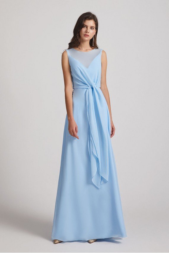 Bias Cut Tie-waist Bridesmaid Dress with Illusion Boat Neckline and Overlay UK