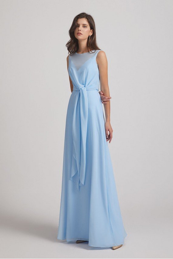 Bias Cut Tie-waist Bridesmaid Dress with Illusion Boat Neckline and Overlay UK