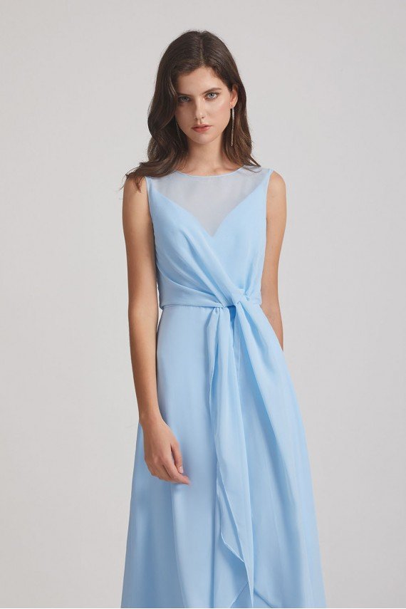 Bias Cut Tie-waist Bridesmaid Dress with Illusion Boat Neckline and Overlay UK