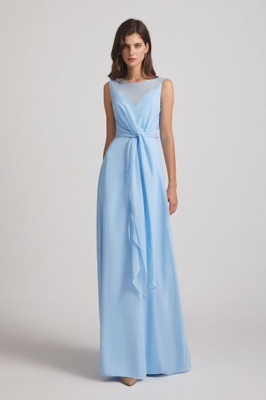 Bias Cut Tie-waist Bridesmaid Dress with Illusion Boat Neckline and Overlay UK