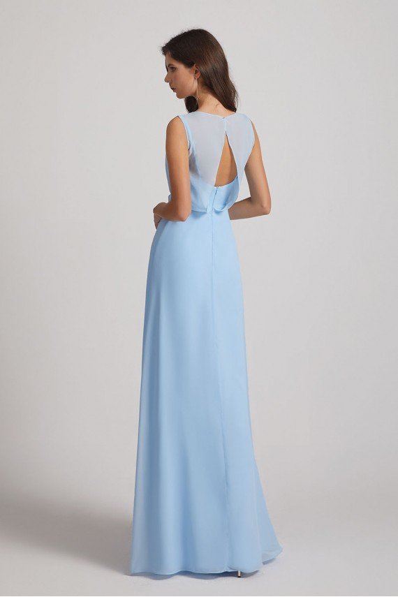 Bias Cut Tie-waist Bridesmaid Dress with Illusion Boat Neckline and Overlay UK