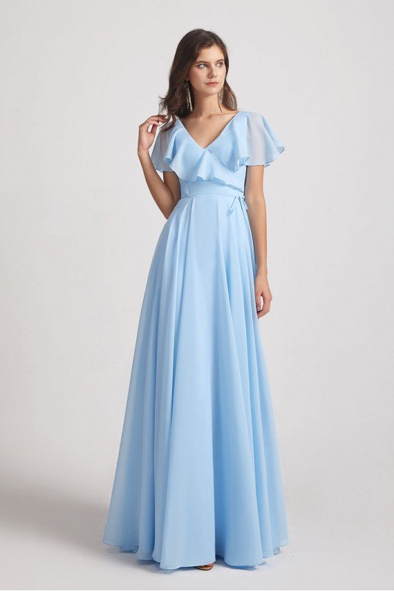 V-Neck Flutter Sleeve Long Chiffon Ruffles Bridesmaid Dress UK