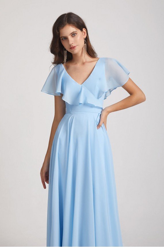 V-Neck Flutter Sleeve Long Chiffon Ruffles Bridesmaid Dress UK
