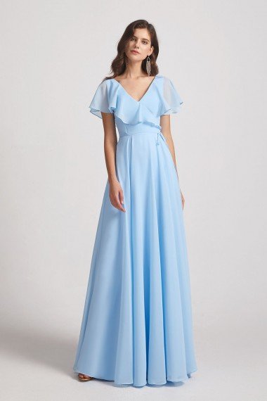 V-Neck Flutter Sleeve Long Chiffon Ruffles Bridesmaid Dress UK