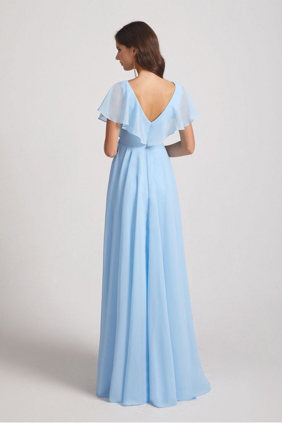 V-Neck Flutter Sleeve Long Chiffon Ruffles Bridesmaid Dress UK