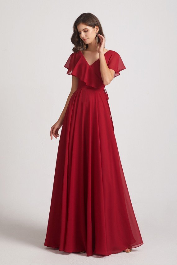 Ruffle Neckline Pleated Chiffon A-Line Bridesmaid Dress UK