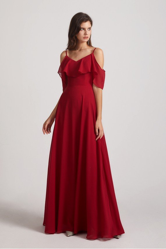 Cold Shoulder Chiffon Long Flowy Bridesmaid Dress UK