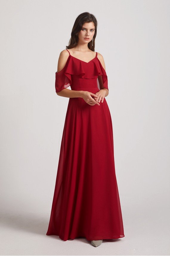 Cold Shoulder Chiffon Long Flowy Bridesmaid Dress UK