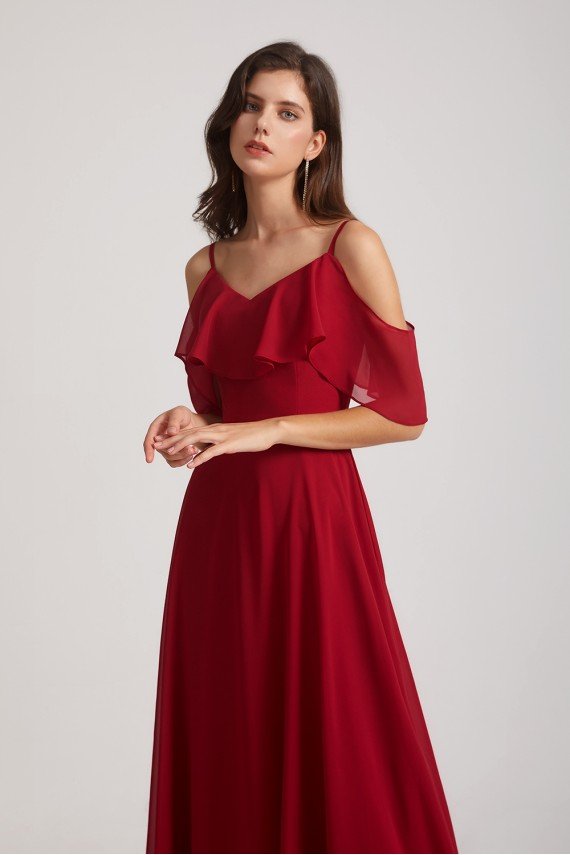 Cold Shoulder Chiffon Long Flowy Bridesmaid Dress UK
