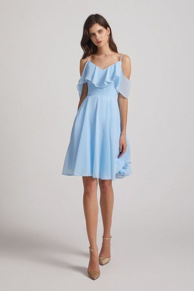 Cold Shoulder Flounce Blue Chiffon Short Bridesmaid Dress UK