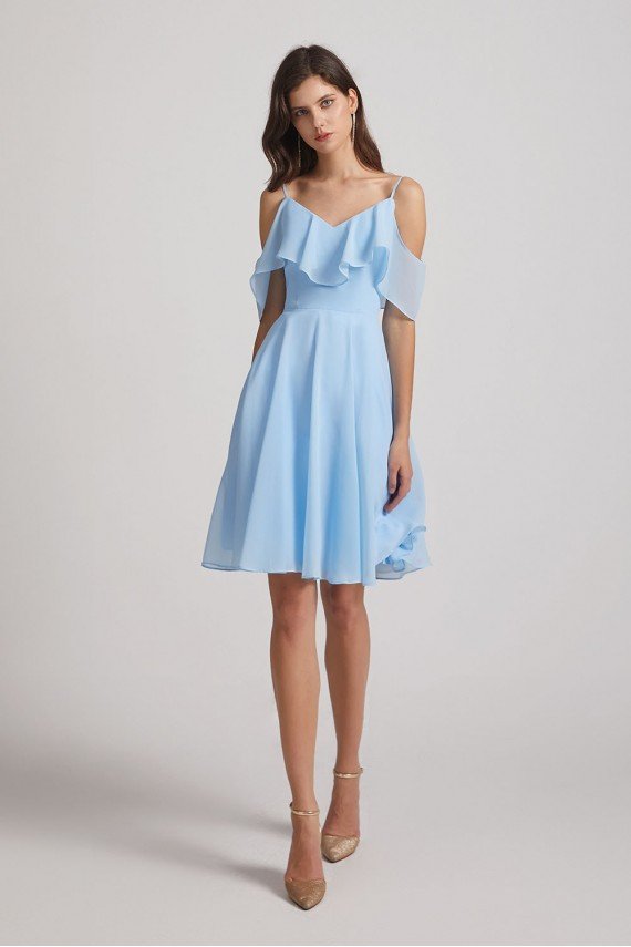 Cold Shoulder Flounce Blue Chiffon Short Bridesmaid Dress UK