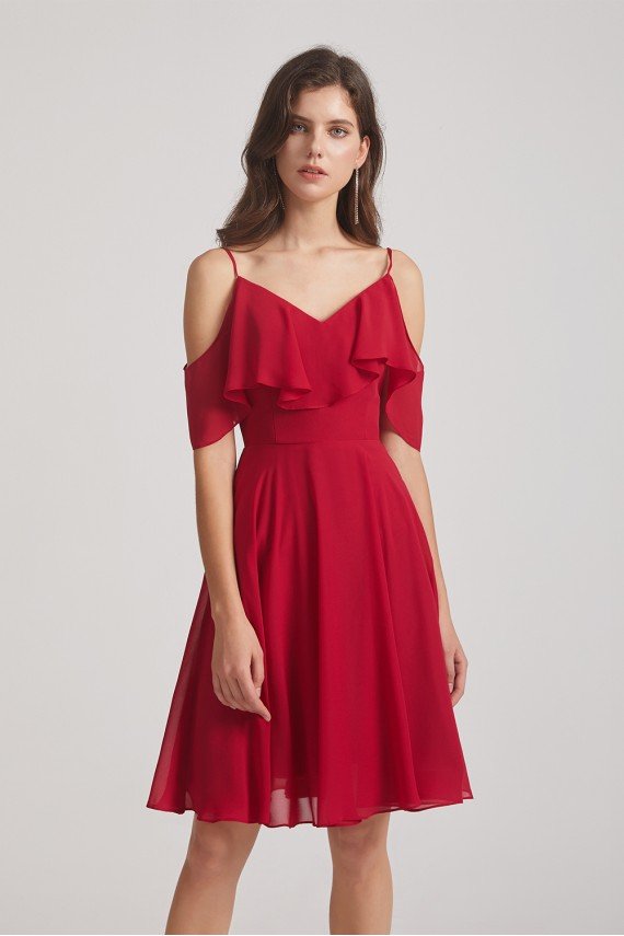 Knee Length Cold Shoulder Flounce Chiffon Bridesmaid Dress UK