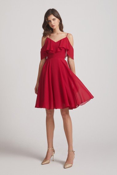 Knee Length Cold Shoulder Flounce Chiffon Bridesmaid Dress UK