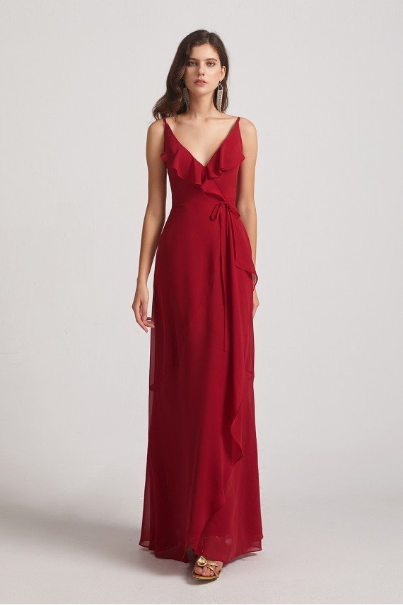 Spaghetti Straps Asymmetrical Frilled Wrap Bridesmaid Dress UK
