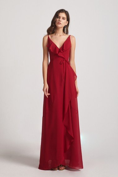 Spaghetti Straps Asymmetrical Frilled Wrap Bridesmaid Dress UK