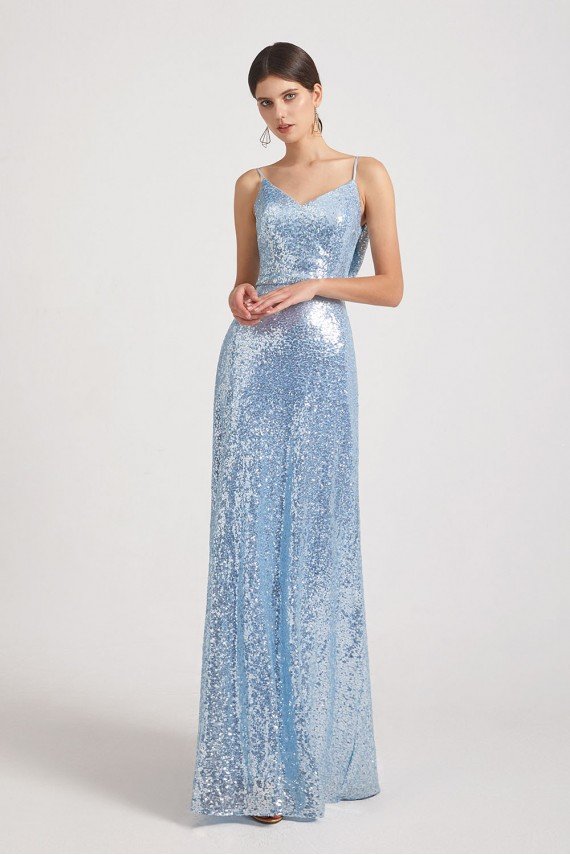 Spaghetti Straps V-Neck Backless Sequin Bridesmaid Dress UK