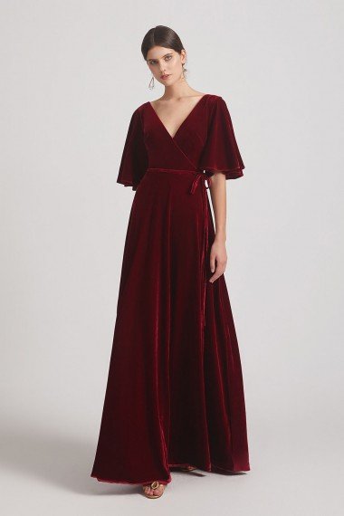 Velvet Maxi Bridesmaid Dress with Elbow Length Flutter Sleeves UK