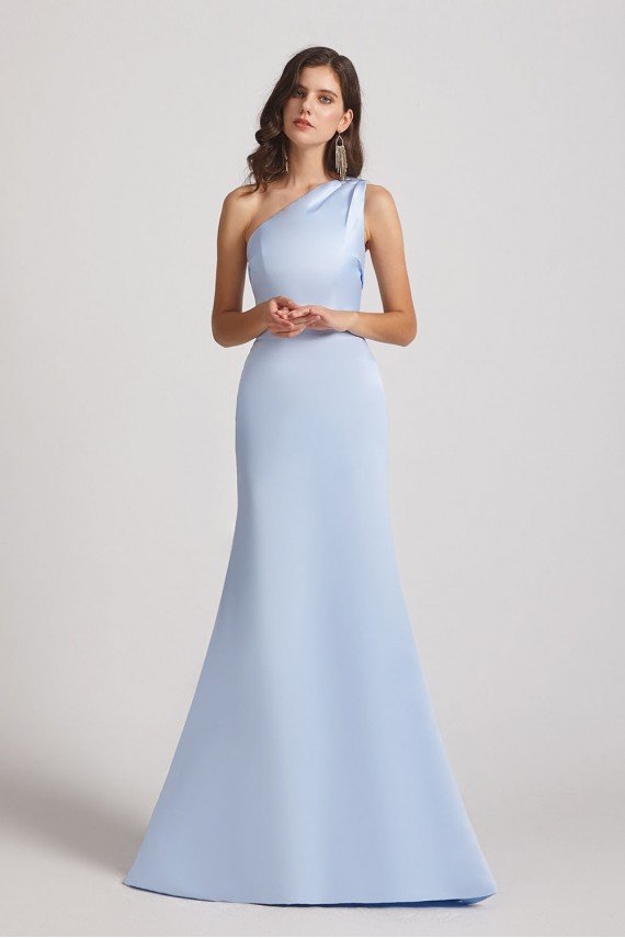 One Shoulder Satin Sheath Long Bridesmaid Dress with Open Back UK
