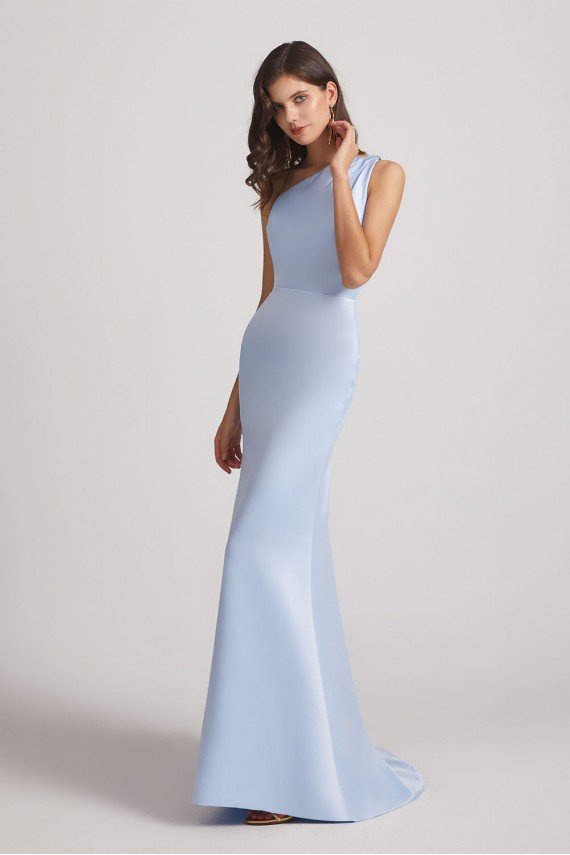 One Shoulder Satin Sheath Long Bridesmaid Dress with Open Back UK