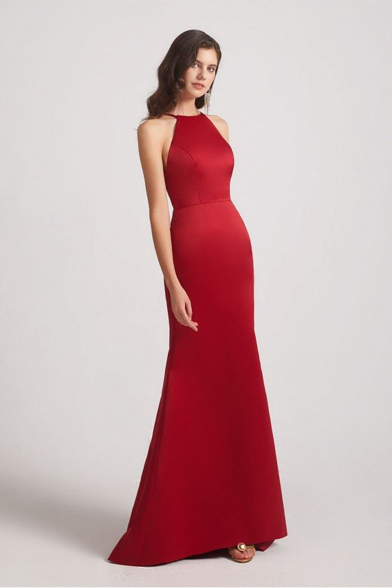 Satin Halter Criss-Cross Back Trumpet Bridesmaid Dress UK