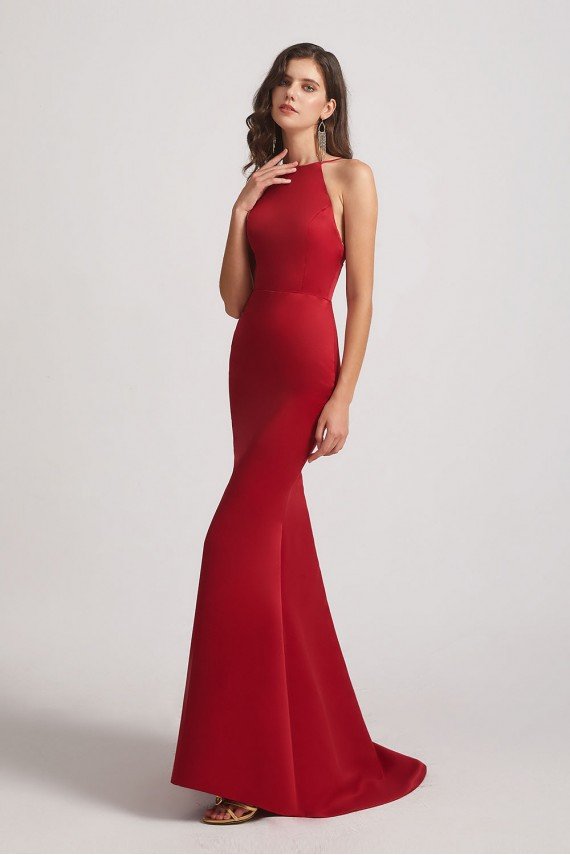 Satin Halter Criss-Cross Back Trumpet Bridesmaid Dress UK