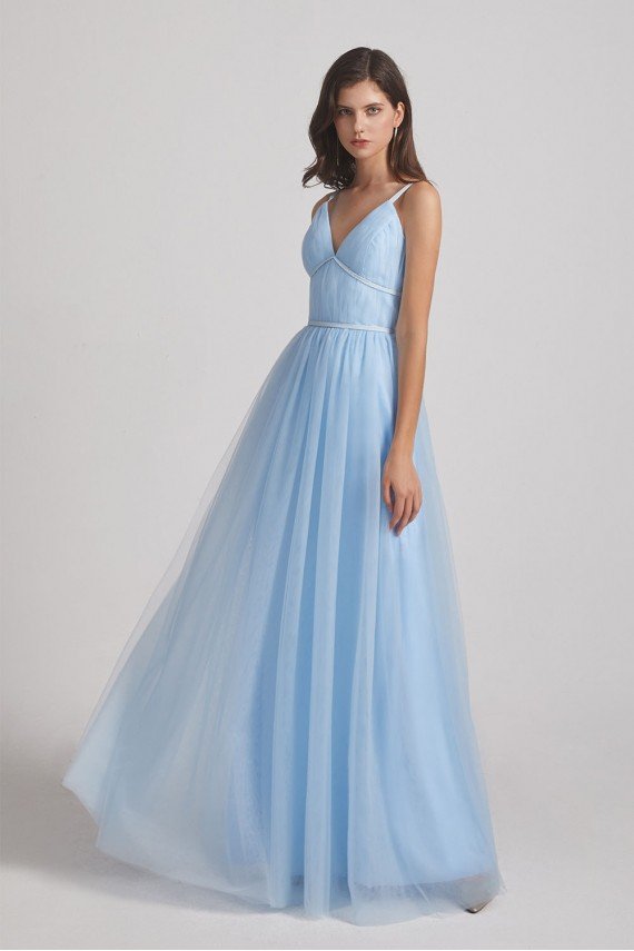 Backless Tulle V-Neck Spaghetti Straps A-Line Bridesmaid Dress UK