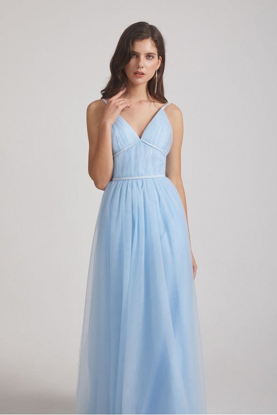 Backless Tulle V-Neck Spaghetti Straps A-Line Bridesmaid Dress UK