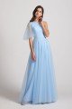 One Shoulder Flutter Sleeve A-Line Tulle Long Bridesmaid Dress UK