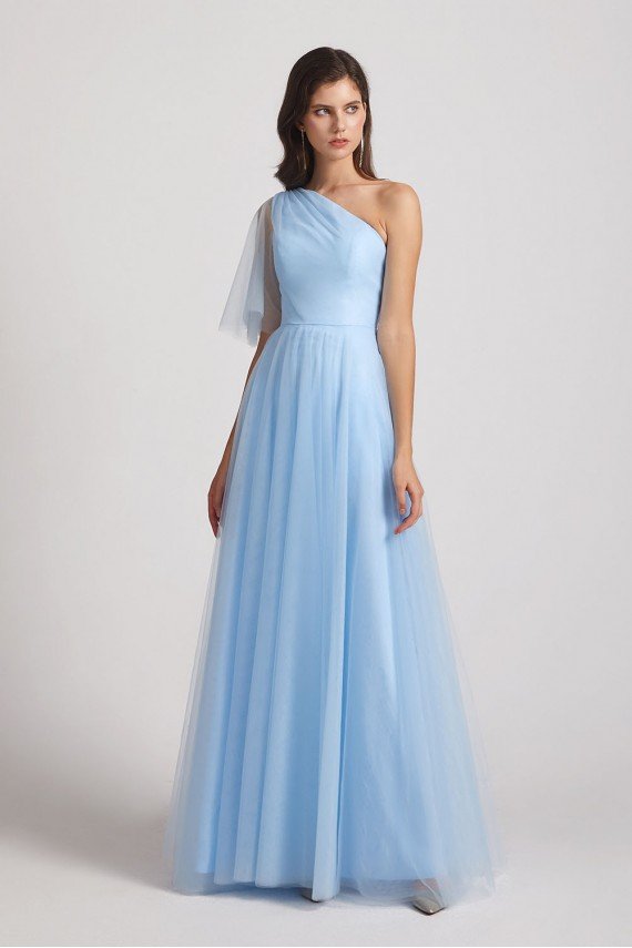 One Shoulder Flutter Sleeve A-Line Tulle Long Bridesmaid Dress UK