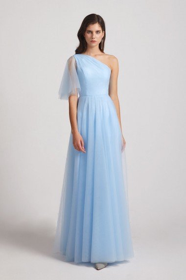 One Shoulder Flutter Sleeve A-Line Tulle Long Bridesmaid Dress UK