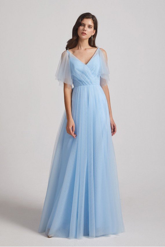 Princess V-Neck Long Flutter Sleeve Bridesmaid Dress with Open Back UK