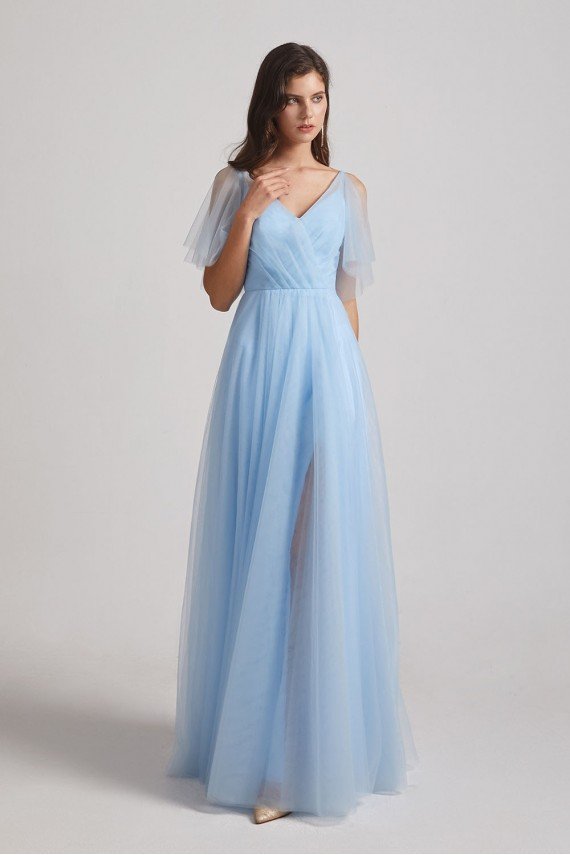 Princess V-Neck Long Flutter Sleeve Bridesmaid Dress with Open Back UK