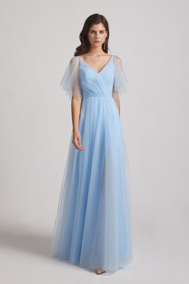 Princess V-Neck Long Flutter Sleeve Bridesmaid Dress with Open Back UK