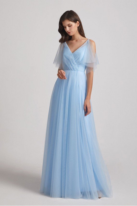 Princess V-Neck Long Flutter Sleeve Bridesmaid Dress with Open Back UK