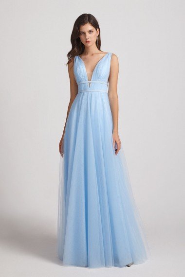 Plunging V-Neck Straps Tulle Long Bridesmaid Dress UK