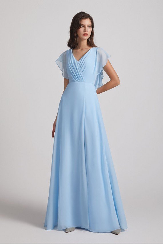 V-Neck Flutter Sleeve Backless Chiffon Bridesmaid Dress with Side Slit UK
